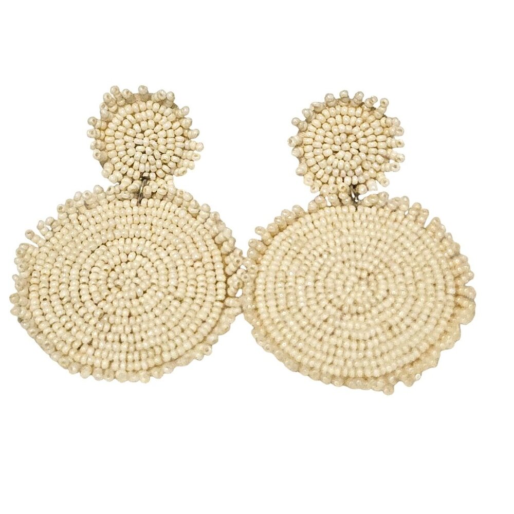 Cream Seed Bead Double Circle Dangle Drop Pierced Earrings